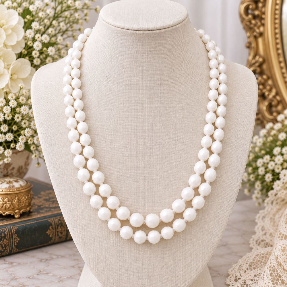 Vintage Faceted White Plastic Bead Double Strand Statement Necklace Retro 22"